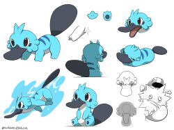Rule 34 | fakemon, highres, leopold65107856, multiple views, no humans, open mouth, original, platypus, prototype design, signature, simple background, sitting, standing, swimming, white background