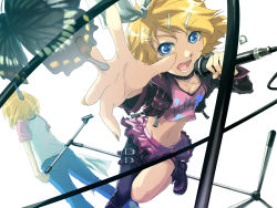 Rule 34 | 1girl, alternate costume, asymmetrical clothes, blonde hair, blue eyes, buckle, bug, butterfly, cable, collar, crop top, denim, dual persona, eyeshadow, fingernails, from behind, hair ornament, hair ribbon, hairclip, highres, insect, jeans, k2pudding, kagamine rin, leg lift, long fingernails, makeup, microphone, microphone stand, midriff, nail, nail polish, pants, raglan sleeves, ribbon, short hair, single pantsleg, solo, vocaloid, yellow nails