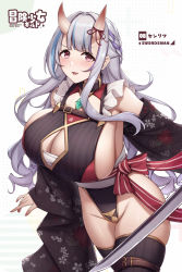 Rule 34 | 1girl, breasts, cleavage cutout, clothing cutout, curvy, highres, horns, huge breasts, japanese clothes, kannko bokujou, large breasts, long hair, looking at viewer, original, purple eyes, sideboob, solo, sword, thick thighs, thighhighs, thighs, weapon