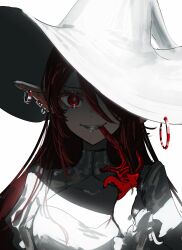 Rule 34 | 1girl, absurdres, earrings, gawako, gloves, grin, hat, highres, jewelry, long hair, looking at viewer, original, pointy ears, portrait, red eyes, red gloves, red hair, simple background, smile, solo, white background, witch hat