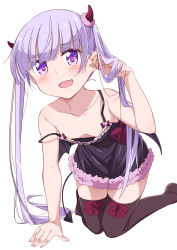 Rule 34 | 10s, 1girl, :d, absurdres, all fours, alternate costume, black thighhighs, blush, breasts, breasts apart, collarbone, demon horns, demon wings, downblouse, eyebrows, fang, hand in own hair, heart, highres, horns, knees together feet apart, light purple hair, lingerie, long hair, low wings, mousou (mousou temporary), negligee, new game!, no bra, open mouth, purple eyes, simple background, small breasts, smile, solo, strap slip, suzukaze aoba, thighhighs, twintails, underwear, very long hair, white background, wings