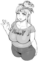 Rule 34 | 1girl, alraune, breasts, collarbone, denim, elf-san wa yaserarenai., flower, greyscale, hair flower, hair ornament, highres, huge breasts, jeans, kusahanada (elf-san wa yaserarenai.), long hair, looking at viewer, monochrome, monster girl, pants, plant girl, pointy ears, raised eyebrows, shirt, simple background, smile, solo, synecdoche, thick eyebrows, white background