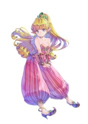 Rule 34 | 1girl, anklet, bare shoulders, blonde hair, blue eyes, bracelet, breasts, cleavage, earrings, high heels, jewelry, long hair, looking at viewer, official art, own hands together, pointy ears, ponytail, primm (seiken densetsu 2), seiken densetsu, seiken densetsu 2, simple background, smile, solo, square enix, tiara, very long hair, white background
