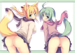 Rule 34 | 10s, 2girls, :o, absurdres, ahoge, animal ears, ass, blonde hair, blue eyes, blush, breasts, cleft of venus, clothes lift, dog days, dog ears, dog tail, eclair martinozzi, female focus, fox ears, fox tail, green eyes, green hair, hair ornament, hair stick, highres, large breasts, long hair, looking at viewer, looking back, multiple girls, no panties, ponytail, pussy, scarf, short hair, skirt, skirt lift, smile, tail, tateha (marvelous grace), thighs, uncensored, yukikaze panettone