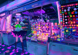 Rule 34 | 1girl, colorful, halo, kneehighs, lamp, light bulb, loafers, long hair, nail polish, original, pink eyes, purple hair, school uniform, scrunchie, serafuku, shoes, sign, skirt, socks, solo focus, standing, storefront, tiptoes, twintails, when you see it, zain