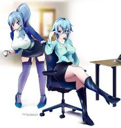 Rule 34 | 2girls, absurdres, asada shino, blue hair, blush, boots, breast pocket, breasts, chair, crossed legs, cup, fairy tail, flatpancakesjim, formal, garter straps, glasses, hand on leg, hand on own leg, high boots, high heels, highres, holding, holding cup, jacket, juvia lockser, large breasts, leaning forward, long hair, looking at viewer, multiple girls, office chair, office lady, pocket, ponytail, short hair, simple background, sinon, sitting, skirt, suit, swivel chair, sword art online, table