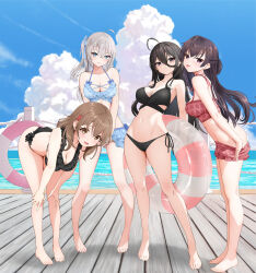 4girls absurdres ahoge alisa_mikhailovna_kujou alternate_costume ass bare_shoulders barefoot beach beach_umbrella bent_over bikini bikini_bottom_pull bikini_shorts black_bikini black_eyes black_hair blue_bikini blue_eyes blue_sky blush breasts brown_hair cleavage cloud cloudy_sky collarbone covering_privates day feet frilled_bikini frills from_side full_body gibun_(sozoshu) gluteal_fold grey_hair hair_between_eyes hair_ornament highres holding holding_swim_ring innertube kimishima_ayano large_breasts leaning_forward legs long_hair looking_at_viewer mariya_mikhailovna_kujou medium_breasts multiple_girls navel o-ring o-ring_bikini o-ring_top ocean open_mouth outdoors plaid_bikini plaid_clothes pulling_own_clothes red_bikini sandals short_hair shorts side-tie_bikini_bottom side_ponytail simple_background sky standing stomach straight_hair suou_yuki swim_ring swimsuit teasing toes tokidoki_bosotto_roshia-go_de_dereru_tonari_no_alya-san tongue umbrella very_long_hair white_background