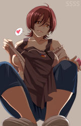 Rule 34 | 1girl, apron, areola slip, black apron, black pants, breasts, clothes lift, condom, grey background, gridman universe, hair between eyes, heart, highres, holding, holding condom, looking at viewer, mature female, medium breasts, off-shoulder shirt, off shoulder, pants, red hair, shirt, shirt lift, shoes, short hair, simple background, smile, solo, spoken heart, ssss.gridman, takarada orie, white footwear, white shirt, yamada naoko (hideko1227)