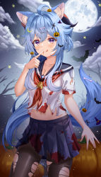 Rule 34 | 1girl, :q, absurdres, ahoge, animal ear fluff, animal ears, bat (animal), bat hair ornament, blood, blood from mouth, blood on clothes, blue hair, blue sailor collar, blue skirt, blush, bone hair ornament, brown pantyhose, cloud, collarbone, commentary request, crescent, crescent hair ornament, cross hair ornament, finger to mouth, full moon, ganyu (genshin impact), genshin impact, goat horns, hair ornament, highres, horns, jack-o&#039;-lantern, jack-o&#039;-lantern hair ornament, long hair, looking at viewer, midriff, moon, navel, night, night sky, pantyhose, pumpkin, purple eyes, sailor collar, school uniform, serafuku, shirt, short sleeves, siru, skirt, sky, slit pupils, solo, star (symbol), tail, tail raised, tongue, tongue out, torn clothes, torn pantyhose, torn shirt, very long hair, white shirt