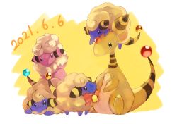 Rule 34 | ampharos, bad id, bad pixiv id, bell, bow, bowtie, closed mouth, commentary request, creatures (company), dated, evolutionary line, eye contact, flaaffy, game freak, gara (qbeuxvii22), gen 2 pokemon, green eyes, highres, looking at another, mareep, nintendo, no humans, on head, orange neckwear, pokemon, pokemon (creature), pokemon on head, sheep, sitting, smile