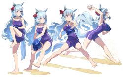 Rule 34 | 1girl, animal ears, arm up, ball, bare legs, bare shoulders, barefoot, baseball, baseball glove, blue hair, blush, braid, breasts, clenched teeth, closed mouth, crown braid, dot nose, holding, holding ball, horse ears, horse girl, horse tail, leg up, long hair, medium breasts, mejiro ardan (umamusume), motion blur, multiple views, nishiki kazue, one-piece swimsuit, open mouth, pitching, purple eyes, sand, school swimsuit, sequential, shaded face, standing, standing on one leg, swimsuit, tail, teeth, throwing, umamusume, white background