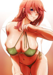 Rule 34 | 1girl, :|, alternate costume, arm up, bare shoulders, bent over, bikini, blue eyes, blush, braid, breasts, breasts day, cleavage, closed mouth, collarbone, eyelashes, green bikini, hand on own thigh, hanging breasts, highres, holding, hong meiling, koyubi (littlefinger1988), large breasts, lips, looking at viewer, navel, no bra, no headwear, parted bangs, red hair, round window, sidelocks, solo, standing, star (symbol), stomach, string pull, sweatdrop, swimsuit, thick thighs, thighs, touhou, twin braids, window