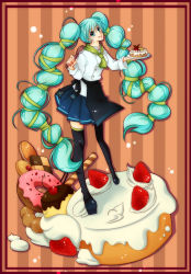 Rule 34 | 1girl, aqua eyes, aqua hair, black thighhighs, blue skirt, cake, checkerboard cookie, cookie, doughnut, food, fruit, hatsune miku, highres, long hair, multi-tied hair, nanoka rio, oversized object, plate, pleated skirt, skirt, solo, strawberry, striped, striped background, sweets, thighhighs, thumbprint cookie, twintails, very long hair, vocaloid, wafer stick, whisk