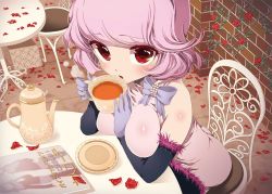 Rule 34 | 1girl, arm between breasts, arm support, bare shoulders, between breasts, black gloves, breasts, chair, cup, elbow gloves, gloves, looking at viewer, original, petals, pink hair, red eyes, short hair, sitting, solo, suzune rai, tea, teacup