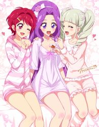 Rule 34 | 10s, 3girls, :d, ;d, ^ ^, aikatsu!, aikatsu! (series), blonde hair, blush, breasts, cleavage, closed eyes, drill hair, fang, feeding, flower, fork, girl sandwich, group name, hair intakes, hair ornament, hair ribbon, hairband, hairclip, hand on another&#039;s shoulder, heart, holding, holding fork, hood, hoodie, ichinose kaede, index finger raised, jewel (the black canvas), kanzaki mizuki, long hair, medium breasts, multiple girls, nightgown, off shoulder, one eye closed, open mouth, pajamas, purple eyes, purple hair, red eyes, red hair, ribbon, sandwiched, short hair, short shorts, shorts, sitting, smile, striped clothes, striped hoodie, striped shorts, todo yurika, twin drills