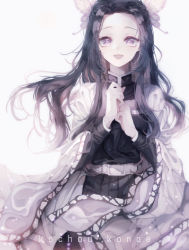Rule 34 | 1girl, :d, absurdres, animal print, belt, black hair, black shirt, black skirt, butterfly hair ornament, butterfly print, character name, commentary, hair ornament, haori, highres, japanese clothes, kimetsu no yaiba, kochou kanae, long hair, long sleeves, looking at viewer, miru (mir), open mouth, pink eyes, pleated skirt, shirt, sidelocks, simple background, skirt, smile, solo, very long hair, white background, wide sleeves