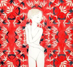 Rule 34 | 1girl, blonde hair, covering breasts, covering privates, cowboy shot, floral background, flower, kishi takuya, looking to the side, navel, no pussy, nude, original, painting (medium), petite, short hair, skinny, solo, traditional media, watercolor (medium)