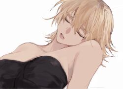 Rule 34 | 1girl, black shirt, blonde hair, breasts, cagalli yula athha, close-up, closed eyes, gundam, gundam seed, gundam seed destiny, gundam seed freedom, highres, medium breasts, parted lips, she (morianosu), shirt, short hair, simple background, solo, strapless, white background