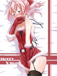 Rule 34 | 10s, 1girl, alternate costume, blue eyes, blush, christmas, covering crotch, covering own mouth, covering privates, garter straps, gloves, hair ornament, hat, highres, kantai collection, ma2da, personification, pink hair, ponytail, red gloves, santa costume, santa hat, shiranui (kancolle), short hair, solo, thighhighs