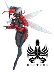 1girl arthropod_girl black_bodysuit black_hair blue_eyes bodysuit camera camera_mosquito commentary cyborg eidenjyou1997 english_commentary genderswap genderswap_(mtf) highres insect_wings kaijin kamen_rider kamen_rider_v3_(series) logo monster_girl mosquito_girl multicolored_hair open_mouth red_hair simple_background smile solo standing standing_on_one_leg teeth upper_teeth_only white_background wings