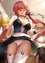 Rule 34 | 1boy, 1girl, absurdres, alcohol, apron, beer, beer mug, black dress, blush, bread, breasts, cameltoe, chinese commentary, commentary request, cowboy shot, cup, dress, earrings, food, garter straps, hair between eyes, hair ribbon, highres, holding, holding cup, holding plate, hua-j, jewelry, large breasts, long hair, maid, maid headdress, mole, mole on arm, mole on breast, mole on thigh, mole under eye, mug, open mouth, original, panties, plate, red hair, ribbon, sad smile, sleeveless, sleeveless dress, solo focus, standing, sweat, teeth, thighhighs, thighs, underwear, upper teeth only, very long hair, white apron, white panties, white thighhighs