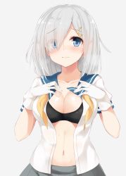 Rule 34 | 10s, 1girl, absurdres, bad id, bad pixiv id, blue eyes, blush, breasts, cleavage, eyes visible through hair, gloves, hair ornament, hair over one eye, hairclip, hamakaze (kancolle), highres, kantai collection, large breasts, navel, open clothes, open shirt, school uniform, serafuku, shirt, short hair, silver hair, solo, sweat, takehana note, white gloves