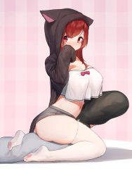 Rule 34 | 1girl, animal ears, animal hood, ass, azur lane, blush, breasts, cat ears, cat girl, cat tail, cleavage, clip studio paint (medium), crop top, crop top overhang, eyebrows hidden by hair, fake animal ears, full body, grey shorts, groin, hand up, highres, holding, holding pillow, hood, hood up, hooded jacket, i-19 (azur lane), i-19 (pillowy paradise) (azur lane), jacket, large breasts, long hair, long sleeves, looking at viewer, loungewear, midriff, navel, nose blush, open clothes, open jacket, paw print, paw print socks, paw print soles, pillow, pink background, plaid, plaid background, red eyes, red hair, seiza, shadow, shirt, short shorts, shorts, sidelocks, sitting, skindentation, sleeves past fingers, sleeves past wrists, solo, tail, thighhighs, torpedo, twisted torso, white shirt, white thighhighs, yashemao qishi