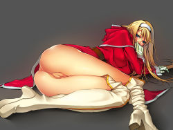 Rule 34 | 1girl, arm support, ass, belt, blonde hair, blue eyes, blush, boots, bottomless, break blade, cloak, covering own mouth, embarrassed, eyelashes, female focus, gloves, grey background, hairband, highres, knee boots, legs, long hair, looking at viewer, lying, no panties, on side, pocho (syuei), pussy, sigyn erster, simple background, solo, thighs, uncensored, white legwear