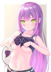 Rule 34 | 1girl, alternate hairstyle, barbell piercing, bare arms, bare shoulders, black shorts, black tank top, blush, breasts, closed mouth, clothes lift, crop top, demon tail, ear piercing, embarrassed, green eyes, hair down, highres, hololive, industrial piercing, lifting own clothes, long hair, looking at viewer, medium breasts, midriff, mixed-language commentary, multicolored hair, navel, navel piercing, no bra, piercing, pink hair, pointy ears, purple hair, sakura yunuto, shirt lift, shorts, solo, stomach, streaked hair, tail, tail ornament, tail piercing, tank top, tokoyami towa, underboob, virtual youtuber