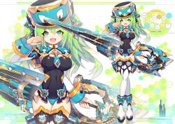 Rule 34 | 1girl, black leotard, blush, boots, breasts, capelet, covered navel, crossed legs, full body, green eyes, green hair, hair between eyes, hat, hexagon, holding, holding sword, holding weapon, leotard, long hair, looking at viewer, making-of available, mamuru, mecha musume, medium breasts, multiple views, open mouth, original, smile, solo, sword, thick eyebrows, thighhighs, thighs, two side up, weapon, white footwear, white thighhighs, zoom layer