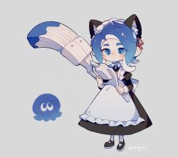 Rule 34 | 1girl, animal ear fluff, animal ears, apron, artist name, back bow, black dress, black footwear, blue eyes, blue hair, blush stickers, bow, cat ears, chibi, chibi inset, closed mouth, deformed, dress, fake animal ears, frilled apron, frills, full body, grey background, hair ribbon, highres, holding, holding weapon, juliet sleeves, long dress, long hair, long sleeves, maid, maid apron, maid headdress, mary janes, miguo png, nintendo, no nose, octobrush (splatoon), octoling, octoling girl, octoling player character, pantyhose, puffy sleeves, red ribbon, ribbon, shoes, solo, splatoon (series), standing, suction cups, tentacle hair, weapon, white apron, white bow, white pantyhose