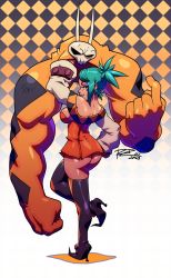 Rule 34 | 1girl, aqua hair, ass, bare shoulders, beckoning, boots, breasts, cerebella (skullgirls), checkered clothes, checkered legwear, dark-skinned female, dark skin, detached collar, detached sleeves, dress, eyeshadow, facial mark, green hair, green lips, hat, high heels, highres, hip focus, large breasts, lipstick, living clothes, looking back, makeup, miniskirt, oversized forearms, oversized limbs, purple eyes, robaato, shoes, short dress, short hair, sideboob, skirt, skull, skullgirls, sleeves past wrists, smile, smirk, solo, standing, standing on one leg, strapless, strapless dress, thigh boots, thighhighs, vice-versa (skullgirls), wide hips, wide sleeves, zettai ryouiki