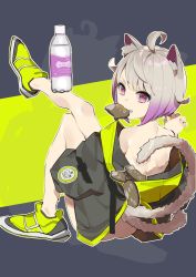 Rule 34 | 1girl, absurdres, ahoge, animal ear fluff, animal ears, ass, bare shoulders, black jacket, bottle, cat ears, cat tail, claw pose, coat, food in mouth, gradient hair, green footwear, grey hair, hand up, highres, jacket, knees up, leg up, looking at viewer, looking back, mouth hold, multicolored hair, multiple tails, naked coat, off shoulder, omucchan (omutyuan), open clothes, open jacket, original, purple eyes, purple hair, shoes, sitting, solo, tail, two tails, v-shaped eyebrows, water bottle