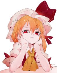 Rule 34 | 1girl, blonde hair, closed mouth, commentary request, flandre scarlet, hair between eyes, hands on own cheeks, hands on own face, hat, hat ribbon, highres, ikurauni, looking at viewer, mob cap, puffy short sleeves, puffy sleeves, red eyes, red ribbon, ribbon, short sleeves, simple background, solo, touhou, upper body, white background, white hat, yellow neckwear
