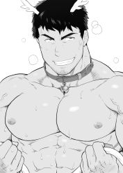 Rule 34 | 1boy, abs, absurdres, antlers, arm hair, bara, belt collar, chabashira tatsukichi, collar, facial hair, goatee, greyscale, highres, horns, large pectorals, male focus, mature male, monochrome, muscular, muscular male, nipples, nude, original, pectoral focus, pectorals, reindeer antlers, short hair, sideburns, solo, stomach, stubble, sweat, textless version, thick eyebrows, upper body, veins