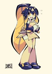 Rule 34 | 1girl, apron, blue eyes, chichibu (watson), colored sclera, fins, full body, highres, minette (skullgirls), open mouth, pointy ears, shell hair ornament, skullgirls, solo, standing, sweat, yellow background, yellow sclera