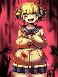 Rule 34 | 10s, 1girl, blonde hair, blood, blood stain, blood on clothes, bloody weapon, boku no hero academia, boxcutter, kenron toqueen, looking at viewer, open mouth, sailor collar, school uniform, skirt, solo, toga himiko, tongue, tongue out