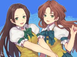 Rule 34 | 2girls, black hair, blouse, blue background, breasts, brown hair, collared shirt, green eyes, long hair, looking at viewer, multiple girls, murata tefu, open mouth, parted bangs, school uniform, shirt, smile, white shirt