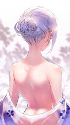 Rule 34 | 1girl, back, back focus, bare shoulders, blurry, blurry background, clothes down, copyright request, facing away, floral print, from behind, hair bun, highres, japanese clothes, kimono, li zhiheng, naked kimono, nape, off shoulder, outdoors, print kimono, purple hair, short hair, single hair bun, solo, upper body, wet
