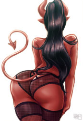 Rule 34 | 1girl, artist name, ass, back, black hair, butt crack, colored skin, demon girl, demon tail, fishnet legwear, fishnet panties, fishnets, from behind, horns, iahfy, long hair, no bra, original, ponytail, red skin, signature, solo, synth (iahfy), tail, thighhighs, topless
