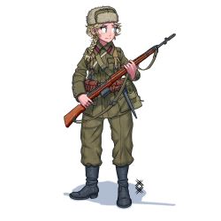 Rule 34 | 1girl, absurdres, ammunition belt, ammunition pouch, black footwear, blonde hair, blue eyes, bolt action, boots, braid, braided ponytail, finnish army, full body, fur hat, green pants, green shirt, gun, gun sling, hat, highres, holding, holding gun, holding weapon, long hair, long sleeves, military, military hat, military uniform, original, ostwindprojekt, pants, pants tucked in, pouch, rifle, shadow, shirt, simple background, solo, svt-38, uniform, ushanka, weapon, white background