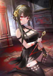 Rule 34 | 1girl, bare shoulders, black dress, black gloves, black hair, blood, blood on clothes, blood on face, blood on hands, bloody weapon, breasts, cleavage, closed mouth, commentary, dagger, dress, earrings, fingerless gloves, gloves, gold hairband, hair between eyes, hairband, high heels, holding, holding dagger, holding knife, holding weapon, jewelry, knife, long hair, looking at viewer, medium breasts, red eyes, serious, sidelocks, sitting, sleeveless, sleeveless dress, solo, spy x family, stiletto (weapon), tuna picture, weapon, yor briar