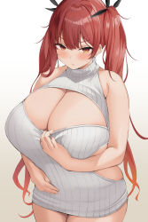 Rule 34 | 1girl, :o, absurdres, azur lane, bare shoulders, blush, breasts, cleavage, clothes pull, clothing cutout, cowboy shot, curvy, dress, from above, gradient background, highres, honolulu (azur lane), huge breasts, looking at viewer, meme attire, neneneji, red eyes, red hair, ribbed sweater, simple background, solo, sweater, sweater dress, sweater pull, thick thighs, thighs, turtleneck, turtleneck sweater, twintails, upturned eyes, virgin killer sweater, white sweater