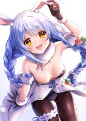 Rule 34 | 1girl, :d, animal ear fluff, animal ears, arm up, armpits, bare shoulders, black gloves, black leotard, blue hair, blue ribbon, blush, bow, braid, breasts, brown pantyhose, carrot hair ornament, cleavage, detached sleeves, food-themed hair ornament, from above, fur-trimmed gloves, fur collar, fur trim, gloves, hair bow, hair ornament, hand on own ear, hololive, leotard, leotard under clothes, long hair, looking at viewer, looking up, medium breasts, multicolored hair, open mouth, pantyhose, pom pom (clothes), rabbit ears, ribbon, short eyebrows, short sleeves, simple background, sitting, smile, solo, strapless, strapless leotard, thick eyebrows, thigh gap, thigh strap, twin braids, two-tone hair, usada pekora, usada pekora (1st costume), usano, very long hair, virtual youtuber, white background, white bow, white hair, yellow eyes