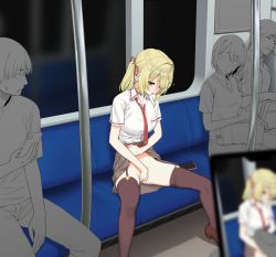 Rule 34 | 2boys, 2girls, bag, between legs, blonde hair, blouse, blurry, blurry foreground, blush, breasts, brown footwear, brown garter straps, brown legwear, cellphone, choker, clothes lift, collared shirt, commentary request, crowd, exhibitionism, female masturbation, garter straps, gishu, hair intakes, hair ribbon, hand between legs, hoshikawa sara, lifted by self, long hair, looking down, masturbation, multiple boys, multiple girls, necktie, nijisanji, no panties, nose blush, one eye covered, open mouth, phone, plaid, plaid skirt, public indecency, public masturbation, red choker, red necktie, red ribbon, ribbon, school bag, school uniform, shirt, short sleeves, side ponytail, sitting, skirt, skirt lift, smartphone, solo focus, spread legs, sweatdrop, taking picture, thighhighs, train interior, vest, virtual youtuber, white shirt, yellow eyes