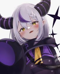 Rule 34 | 1girl, absurdres, belt, black jacket, blush, braid, collar, demon horns, demon tail, diffraction spikes, fang, hair between eyes, higashigure, highres, hololive, holox, horns, jacket, la+ darknesss, la+ darknesss (1st costume), long sleeves, looking at viewer, multicolored hair, open mouth, pointy ears, purple hair, silver hair, simple background, sleeves past fingers, sleeves past wrists, slit pupils, solo, streaked hair, tail, two-tone hair, upper body, virtual youtuber, white background, yellow eyes