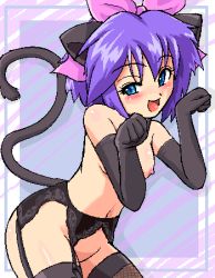 Rule 34 | 1girl, animal ears, blue eyes, blush, breasts, cat ears, cat tail, creatures (company), elbow gloves, game freak, garter belt, garter straps, gloves, kelly (pokemon), konpeto, lace, lingerie, looking at viewer, lowres, nintendo, nipples, oekaki, open mouth, paw pose, pokemon, pokemon (anime), pokemon rse (anime), purple hair, ribbon, short hair, small breasts, small nipples, solo, tail, thighhighs, topless, underwear