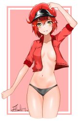 Rule 34 | 10s, 1girl, arm up, bad id, bad pixiv id, black panties, blush, border, breasts, cabbie hat, cleavage, hand on headwear, hat, hataraku saibou, highres, jacket, jasonchao1006, looking at viewer, medium breasts, no bra, no pants, panties, parted lips, partially undressed, red blood cell (hataraku saibou), red hair, short hair, simple background, smile, solo, underwear, yellow eyes