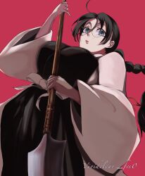 Rule 34 | 1girl, black hair, black kimono, bleach, bleach: sennen kessen-hen, braid, breasts, expressionless, food-act, glasses, grey eyes, hair between eyes, haori, highres, holding, holding polearm, holding weapon, japanese clothes, katori batsuunsai, kimono, large breasts, long hair, looking at viewer, looking down, naginata, open clothes, open mouth, polearm, red background, rimless eyewear, sash, single braid, solo, watermark, weapon, white sash, wide sleeves