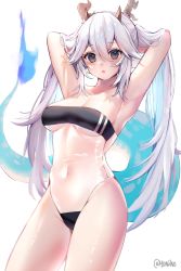 Rule 34 | 1girl, :o, armpits, arms behind head, arms up, bare arms, breasts, brown eyes, commentary, cowboy shot, english commentary, gris swimsuit, hair between eyes, highres, horns, long hair, looking at viewer, medium breasts, meme attire, multiple horns, navel, one-piece swimsuit, see-through, solo, standing, stomach, swimsuit, tail, twitter username, vei (vtuber), vei (vtuber) (sky empress), very long hair, virtual youtuber, vshojo, yuniiho